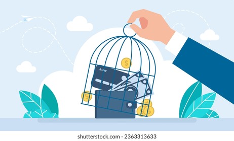 Money inside of birdcage. Businessman opens money, dollar coins out from cage. The metaphor of financial freedom, freedom of wealth. Seizure, release from seizure of property. Vector illustration