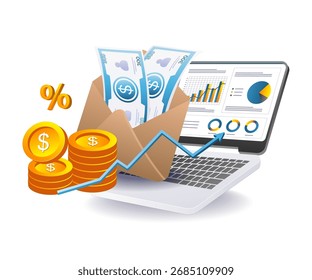 money inside envelope with laptop chart for digital economy concept