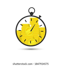 Money inside the watch, stopwatch. Vector illustration, flat cartoon color design, isolated on white background, eps 10. Concept: value time, profit depends on time.