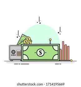 Money For Instrument Economy Flat Design With Diagram Coins And Safe Deposit Box