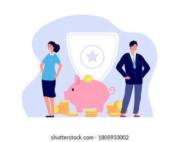 Money insurance. Bank managers, man woman and piggy bank with coins. Business safety, investment security illustration. Life and welfare protection vector concept