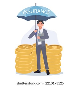 Money Insurance Concept. Businessman take cover under insurance umbrella. Money Protection Financial Savings, Secure Investment. vector illustration.