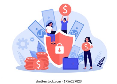 Money insurance concept. People protecting their cash and savings with shield. Flat vector illustration for safe loan, assurance, finance, guarantee topics