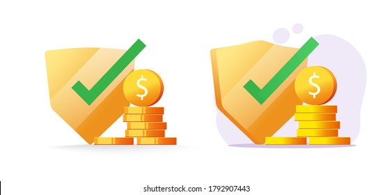 Money Insurance Financial Protection Guarantees, Cash Secure Investment Safety Check Vector Flat Illustration Set, Currency Wealth Shield, Deposit Banking Coverage Trust Savings Concept Icon