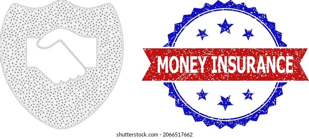 Money Insurance Grunge Stamp, And Handshake Shield Icon Network Structure. Red And Blue Bicolored Stamp Seal Contains Money Insurance Title Inside Ribbon And Rosette.