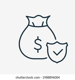 Money Insurance Line Icon. Financial Protection Guarantees of Capital. Concept of Secure and Safe Investment, Insurance. Money Bag with Shield Linear Icon. Editable stroke. Vector illustration.
