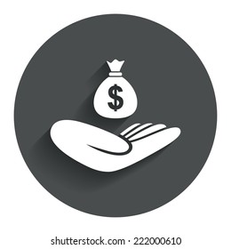 Money insurance sign. Hand holds cash bag in Dollars symbol. Circle flat button with shadow. Modern UI website navigation. Vector