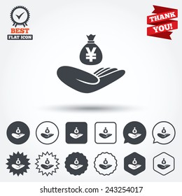 Money insurance sign. Hand holds cash bag in Yen symbol. Circle, star, speech bubble and square buttons. Award medal with check mark. Thank you ribbon. Vector