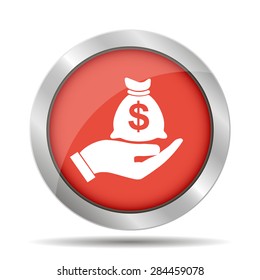Money insurance sign. Hand holds cash bag in Dollars symbol. Modern UI website navigation. 