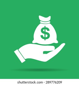 Money insurance sign. Hand holds cash bag in Dollars symbol. Modern UI website navigation. 