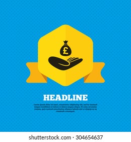 Money insurance sign. Hand holds cash bag in Pounds symbol. Yellow label tag. Circles seamless pattern on back. Vector