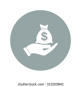 Money insurance sign. Hand holds cash bag in Dollars symbol. Modern UI website navigation. 