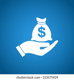 Money insurance sign. Hand holds cash bag in Dollars symbol. Modern UI website navigation. 