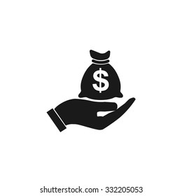 Money insurance sign. Hand holds cash bag in Dollars symbol. Modern UI website navigation. 