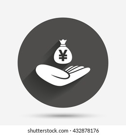 Money insurance sign. Hand holds cash bag in Yen symbol. Circle flat button with shadow. Vector