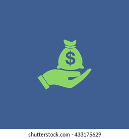 Money insurance sign. Hand holds cash bag in Dollars symbol. Modern UI website navigation.