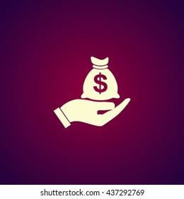 Money insurance sign. Hand holds cash bag in Dollars symbol. Modern UI website navigation.