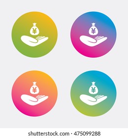 Money insurance sign. Hand holds cash bag in Yen symbol. Gradient flat buttons with icon. Modern design. Vector