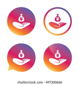 Money insurance sign. Hand holds cash bag in Yen symbol. Gradient buttons with flat icon. Speech bubble sign. Vector