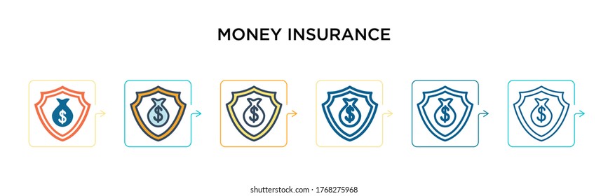 Money insurance vector icon in 6 different modern styles. Black, two colored money insurance icons designed in filled, outline, line and stroke style. Vector illustration can be used for web, mobile,