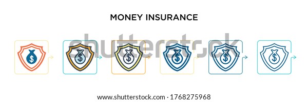Money insurance vector icon in 6 different modern\
styles. Black, two colored money insurance icons designed in\
filled, outline, line and stroke style. Vector illustration can be\
used for web, mobile,