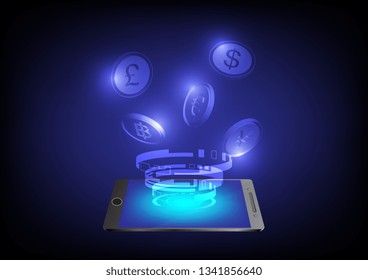Money International currency transfer or pay from smartphone. Financial or economy concept. Illustration EPS10 Vector. Use for banner, website, template, leaflet, brochure, poster and other design. 