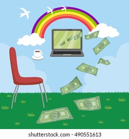 Money internet money outdoor with coffee, vector illustration cartoon
