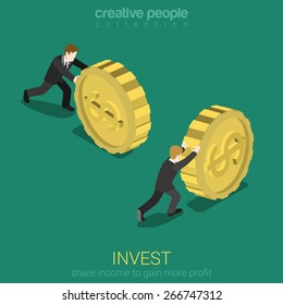 Money invest flat 3d web isometric infographic concept vector. Businessman rolling gold dollar coin. Monetary finance conceptual. Creative people collection.