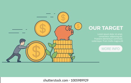 Money invest flat linear web infographic concept vector banner slider. Businessman rolling gold dollar coin. Monetary finance conceptual. Success in business concept.