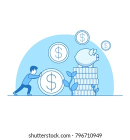 Money invest flat linear web infographic concept vector. Businessman rolling gold dollar coin. Monetary finance conceptual. Success in business concept.