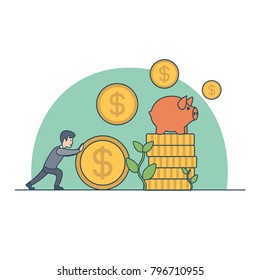 Money invest flat linear web infographic concept vector. Businessman rolling gold dollar coin. Monetary finance conceptual. Success in business concept.