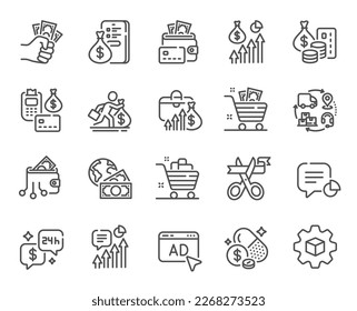 Money invest line icons. Finance fraud, Wallet payment and Cash bribe set. Money inflation, supply chain and credit card line icons. Grand open ceremony, price growth and dollar invest. Vector