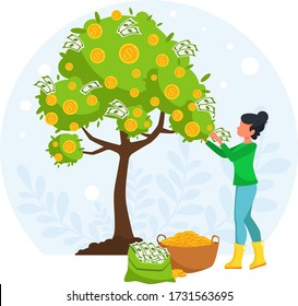 Money investing concept. Woman collecting money from a money tree. Vector illustration in flat style. 