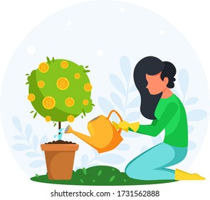 Money investing concept. Woman watering and grows a money tree. Vector illustration in flat style. 