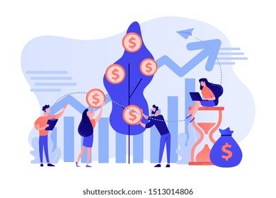 Money investing, financiers analyzing stock market profit. Portfolio income, capital gains income, royalties from investments concept. Pink coral blue vector isolated illustration