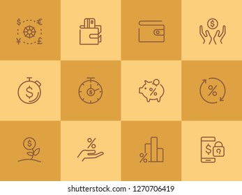 Money investing line icon set. Set of line icons on white background. Banking concept. Piggy bank, percent, purse. Vector illustration can be used for topics like investment, money, economy