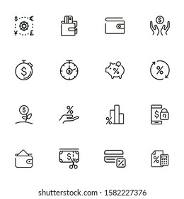Money investing line icon set. Set of line icons on white background. Banking concept. Piggy bank, percent, purse. Vector illustration can be used for topics like investment, money, economy