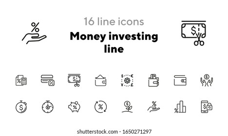 Money investing line icon set. Set of line icons on white background. Banking concept. Piggy bank, percent, purse. Vector illustration can be used for topics like investment, money, economy