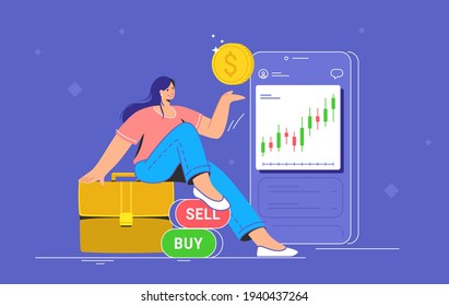 Money investing and taking profit. Flat vector illustration of cute smiling woman sitting on a portfolio of shares near a big smartphone, pointing to screen with growing market graph and dollar coin