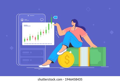 Money investing and taking profit. Flat vector illustration of cute smiling woman sitting on dollar banknotes and golden coin near a big smartphone and pointing to the screen with growing market graph