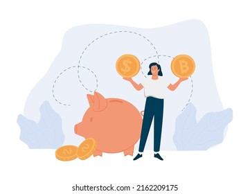 Money investing and taking profit. Investment portfolio with Bitcoin or crypto currency, buy or sell trading, crypto market exchange value concept, businessman investor or trader balance portfolio.