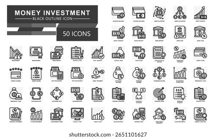 Money Investment black outline icons set. contain account balance, asset growth, bank deposit, credit card, exchange rate and more. Vector for modern concept, UI, UX, web and app development.