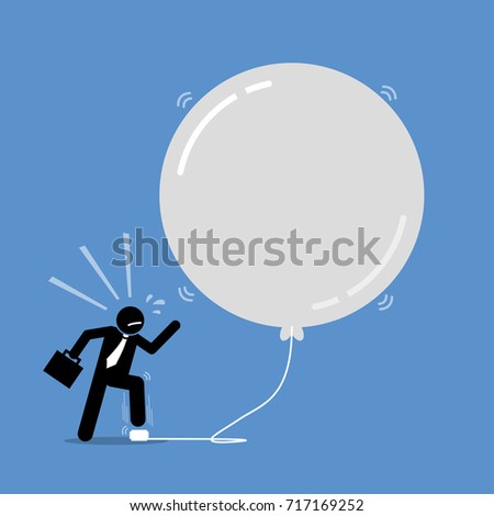 Money Investment Bubble. Vector artwork depicts a happy businessman keep inflating a bubble balloon to make it bigger and bigger. The balloon is about to burst but the man does not care about it.