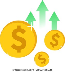 Money investment concept with golden dollar coins and arrows going up, colorful finance vector design.