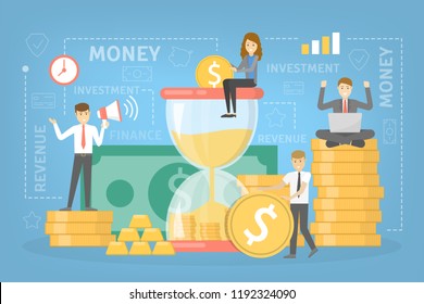 Money investment concept. Hourglass as a metaphor of time. People invest cash in business and gain profit later. Vector flat illustration