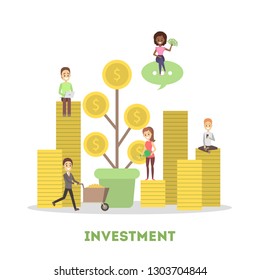 Money investment concept. People invest cash in business and gain profit later. Vector flat illustration