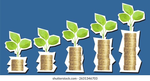 money investment dotted collage element pointilize coin stack and sprout plant in paper torn vector asset allocation, profit gain, economic return. for finance apps, wealth strategy, capital market