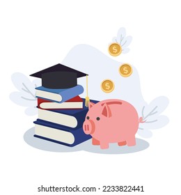 money investment in education Concept. Piggy bank and graduation hat on stack on school textbooks. Flat vector illustration.