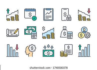 Money Investment and Exchange Trading related color line icon set. Finance and Business Investment colorful linear icons. Payment and Accounting report flat color outline vector icons.