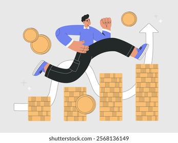 Money investment and finance concept. Businessman investor climbing success ladder from gold coins, wealth and stock market growth arrow. Financial literacy, vector illustrations isolated background